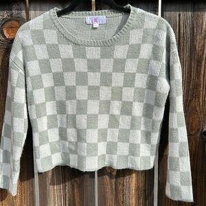 Sweater - Moss green and off-white checkerboard. Shorter style